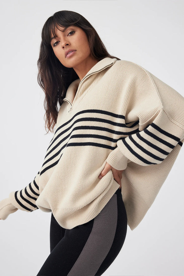 London Zip Stripe Sweater Sand & Black