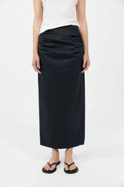 Cotton Tuck Midi Skirt Black