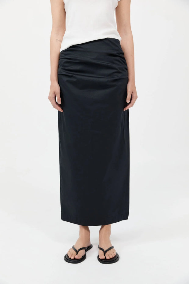 Cotton Tuck Midi Skirt Black