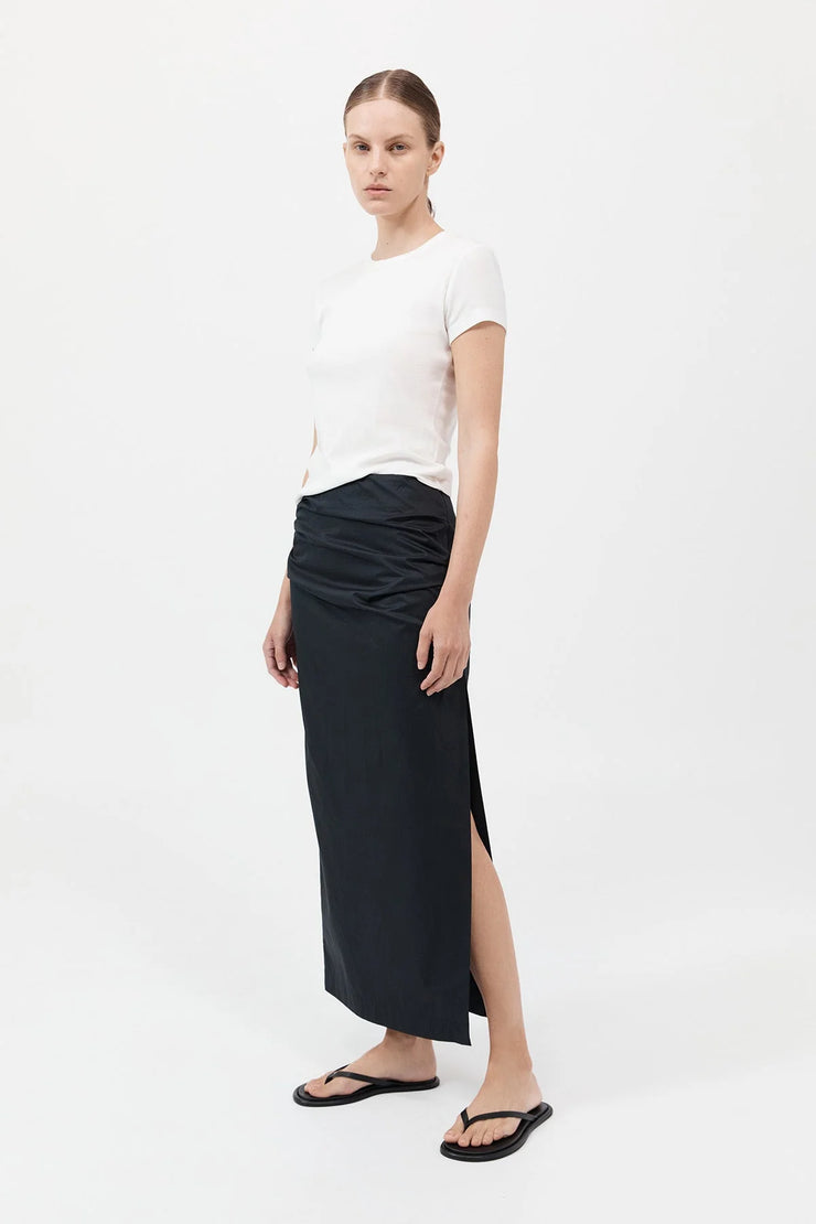 Cotton Tuck Midi Skirt Black