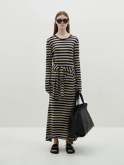 Stripe Heritage Paneled Long Sleeve Dress Black/Oatmeal