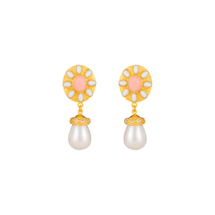 Heather Pink Coral and White Stone Crystal and Pearl Earrings