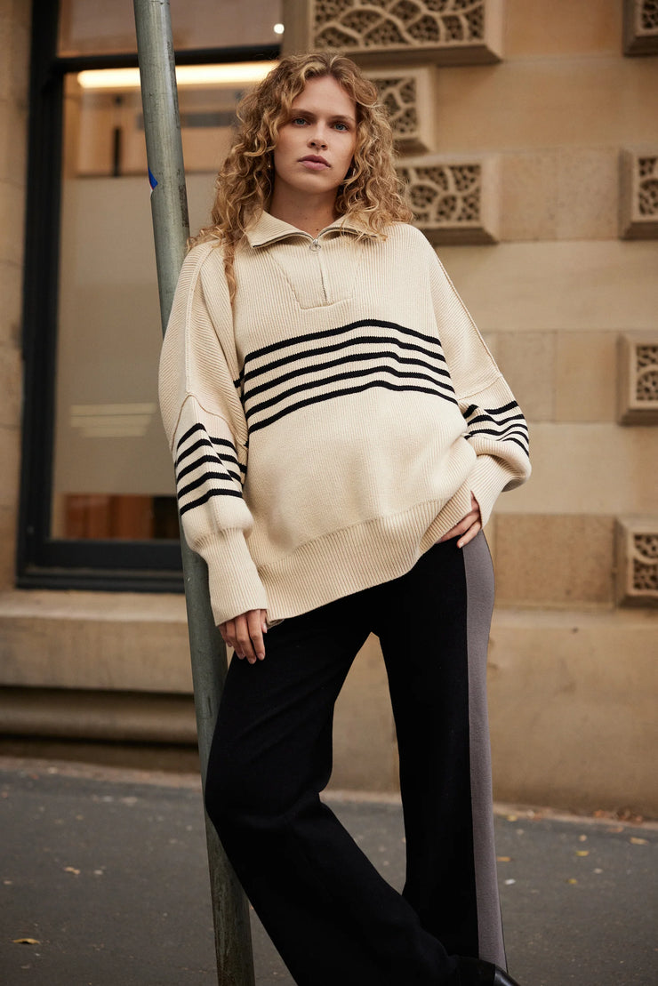 London Zip Stripe Sweater Sand & Black