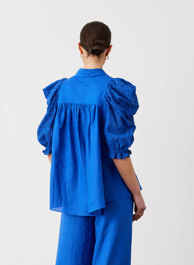 Sienna Linen Cotton Broiderie Shirt Lapis Blue