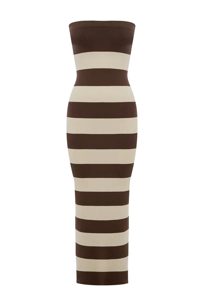 Theo Strapless Dress Chocolate Stripe