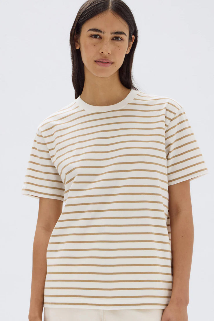 Womens Port Stripe S/S Tee Antique White/Tan Stripe